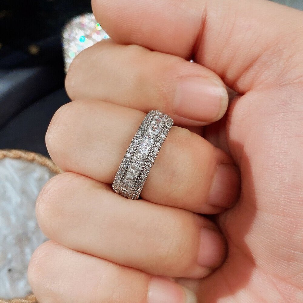 925 Sterling Silver Diamond Eternity Ring Band Wedding Statement Ring - Picture 3 of 7